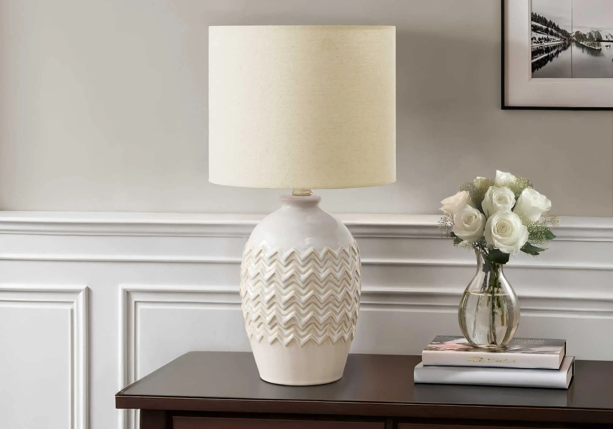 19"H TABLE LAMP IVORY CERAMIC / BEIGE SHADE - Image 2