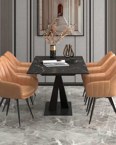 JuliusTalon-7pc-Dining-Set-in-Black-Table-with-Camel-Chair